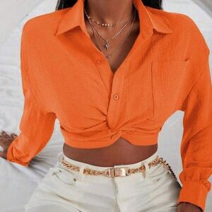 SHEIN Orange Button Down Knotted Shirt